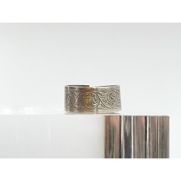 Floral Hand Carved Cigar Banded Shank 925 Sterling Silver Vintage Ring - sz 9 - Picture 11 of 11